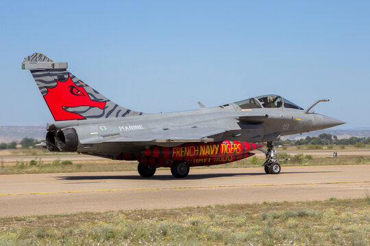 ZARAGOZA, SPAIN - MAY 20,2016: Special painted French Navy Dassault Rafale fighter jet plane taxiing after landing on Zaragoza airbase.