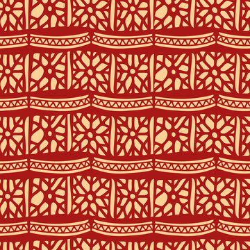 Vector seamless vintage pattern of traditional textile patchwork blanket in red