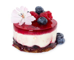 Cheesecake with fresh blueberries and raspberries, blueberry jam and jelly