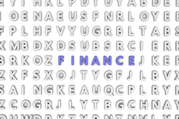 3d rendering of random letters and different words on a white wall. "FINANCE" text is shining on the wall.