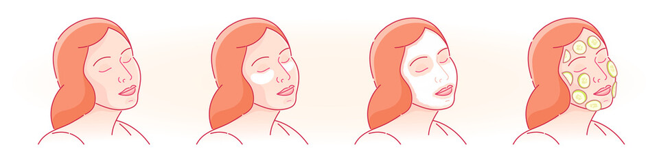 Beautiful girl with a mask on her face. Skin care. Beauty treatment. Cucumber mask. The Spa care. Vector illustration on a white background.