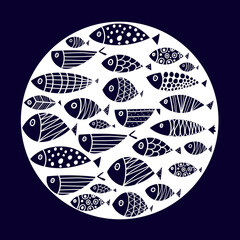 Obraz na płótnie Canvas Cute fish card. Round motif with fish.