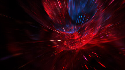 Abstract red and blue blurred rays. Holiday background with fantastic light effect. Digital fractal art. 3d rendering.