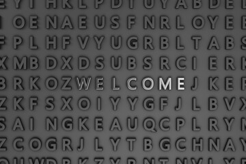 3d rendering of random letters and different words on a white wall. "WELCOME" text is shining on the wall.