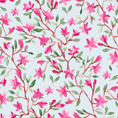 Magnolia pink flowers  branch watercolor painting - hand drawn seamless pattern on light blue