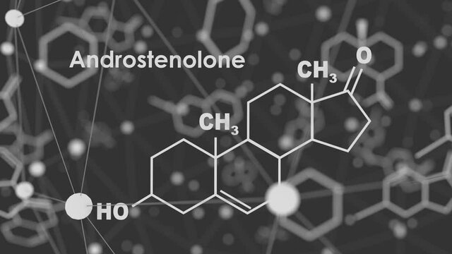 Chemical molecular formula hormone androstenolone. Infographics animation.
