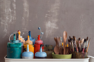 Different paint brushes on wall background, Big set of professional paintbrushes,Set brushes.