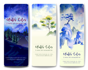 Three style water color landscape paintings, tree and hill, that can isolate all element separately. 
