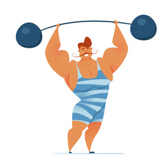 Strongman in a striped suit with a barbell in his hands. Circus performance. Vector illustration of a smiling healthy athlete.