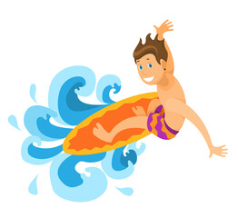 Smiling surfer riding the wave. Vector illustration of a cute surfer in a flat style.