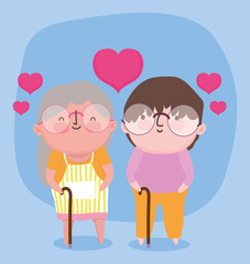 happy grandparents day, elderly grandma grandpa with hearts love walk sticks cartoon