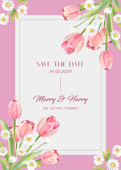 Water color pink Tulip and white daisy flower on corner design wedding card. 