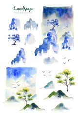 Two style water color landscape paintings, tree, hill and bird. With isolated element on beside. 