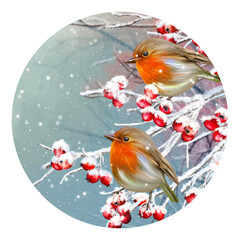Winter Christmas background, two yellow little tit birds sit on a snowy branch, snowfall, clusters of berries, evening lighting, round shape