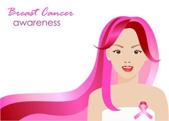 Obraz na płótnie Canvas Woman breast cancer awareness concept. Young beautiful woman with pink ribbon hair and pink ribbon brooch, symbol of Breast Cancer. Vector Illustration. Isolated on white background.