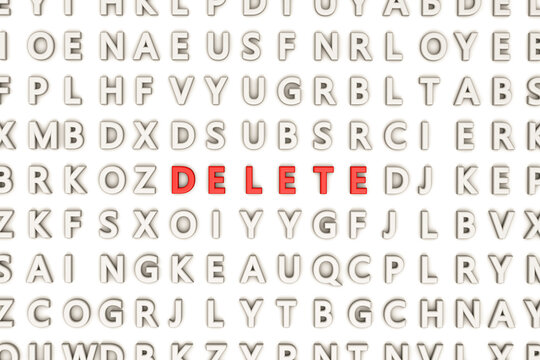 3d rendering of random letters and different words on a white wall. "DELETE" text is shining on the wall.