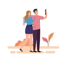 happy couple take selfie outdoor, on white background