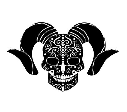 Devil skull with horns black and white vector background