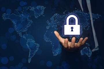 Cyber security concept. Man demonstrating padlock illustration, closeup