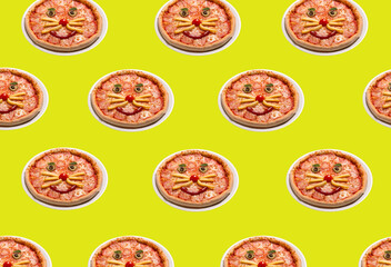 Pizza pattern. Children's pizza with a smile on a yellow background
