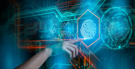 Fingerprint scan provides security access with biometrics identification.Businessman scan fingerprint biometric identity and approval.Business Technology Safety Internet Concept.