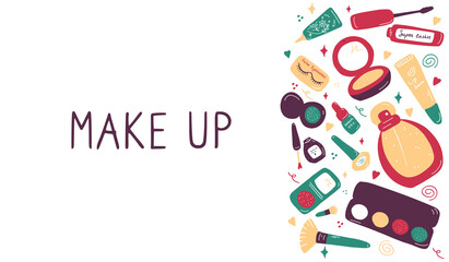 Make up and beauty symbols icon set. Female collection of different products accessoires for skin care and visage. Hand drawn flat vector illustration