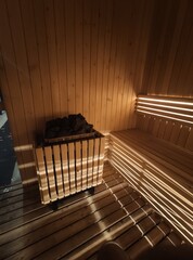 wooden sauna with nice lighting and heat rocks