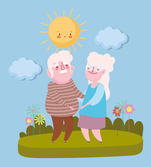 happy grandparents day, grandpa and grandma standing together landscape cartoon