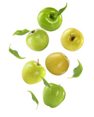 Different ripe apples falling on white background