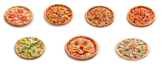 Fototapeta na wymiar Set of 7 pizza isolated on white background. Image of fast food for menu card, web design, site, shop, advertising or delivery. panoramic format