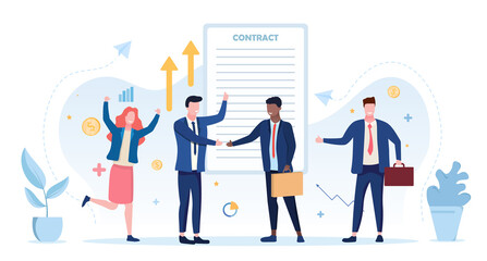 Business contract signing. Successful deal agreement. Business people, employee team applauding. Leaders handshaking, falling cash, growing charts. Flat vector illustration