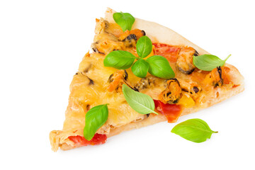 slice of delicious pizza with seafood and basil isolated on white background