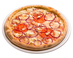 Pizza with feta and salami. Isolated image on white background.