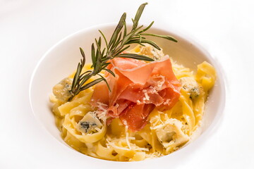 Tagliatelle Pasta with Hamon and Dor Blue.