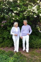 Naklejka na ściany i meble Beautiful senior couple hugging in the park by lilacs