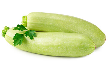 fresh green zucchini or marrow with parsley isolated on white background
