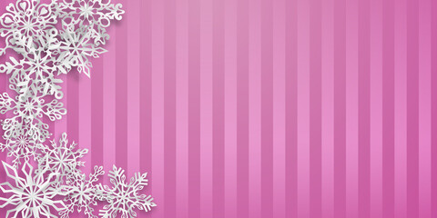 Christmas background with several paper snowflakes with soft shadows on pink striped background