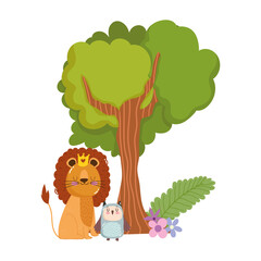 cute animals lion with crown and owl forest nature wild cartoon