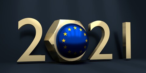 2021 Happy New Year Background for seasonal greetings card or Christmas themed invitations. Flag of the European Union in the golden nut. Industrial concept. 3D rendering