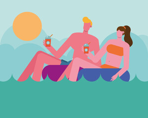 young couple wearing swimsuits relaxing in floats characters