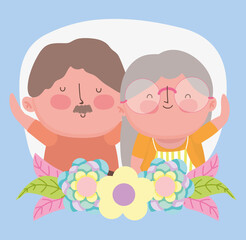 happy grandparents day, old couple flowers portrait cartoon