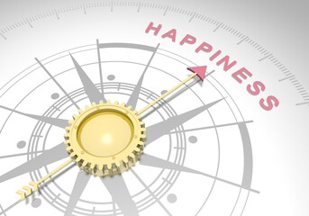 Abstract compass points to the happiness word. 3D rendering