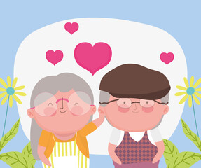 happy grandparents day, elderly couple cartoon, grandfather grandmother characters hearts love romantic