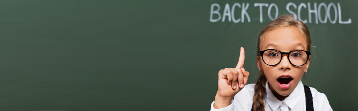 horizontal image of surprised schoolgirl showing idea gesture near chalkboard with back to school lettering