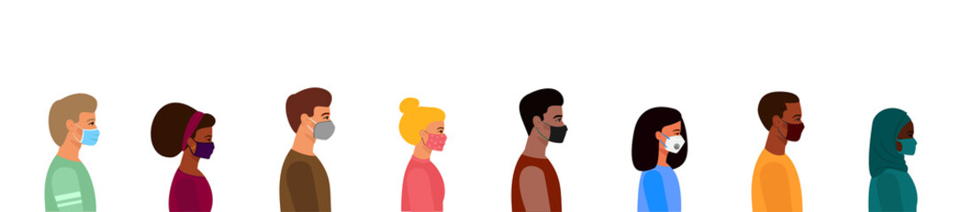 A queue of people in medical and fabric masks, respirators, keeping a social distance. Boys and girls of various nationalities. Vector cartoon illustration. 