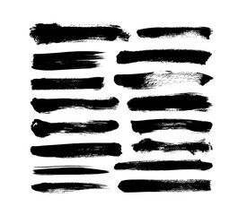 Vector grungy paint brush strokes collection. Calligraphy straight smears, stamp, lines. Hand drawn ink illustration isolated on white background. Vector black paint, ink brush stroke, line or texture