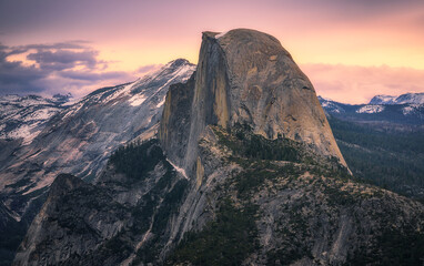 half dome from glacier point in yosemite national park at sunset