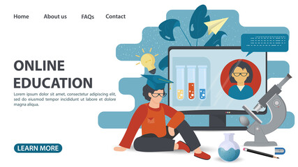 Online training web page design a Guy is sitting in front of a monitor next to a microscope home education in computer Internet technologies flat vector illustration cartoon