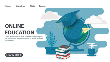 Fototapeta na wymiar Online training web page design globe with books home education on computer Internet technologies flat vector illustration cartoon
