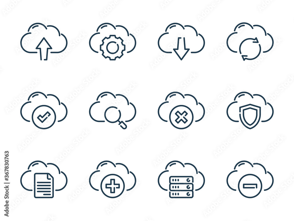 Poster cloud network vector line icon set. cloud computing outline icons. cloud storage icon collection.